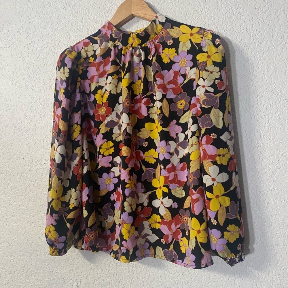 Who What Wear Multicolor Floral Bohemian Garden high neck pleated Blouse M